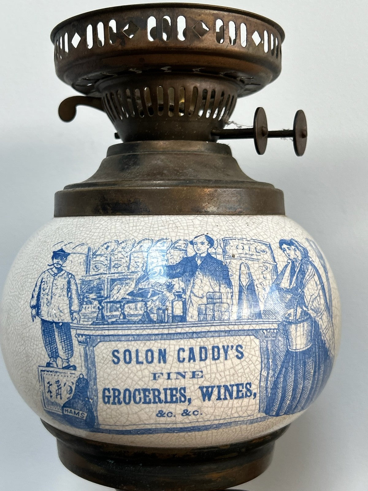 Pair Victorian Style Advertising Oil Lamps Grocer & Liquor A/F1