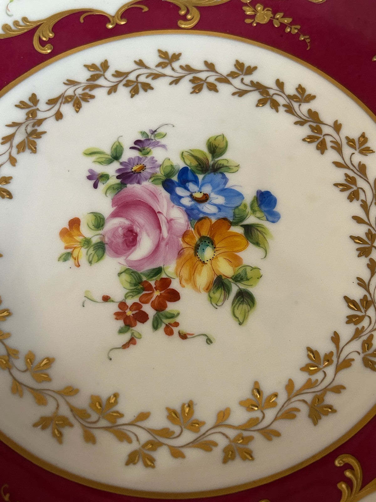 Le Tallec Paris Hand Painted Porcelain Bowl Crimson Gilt Floral Scalloped Rim8