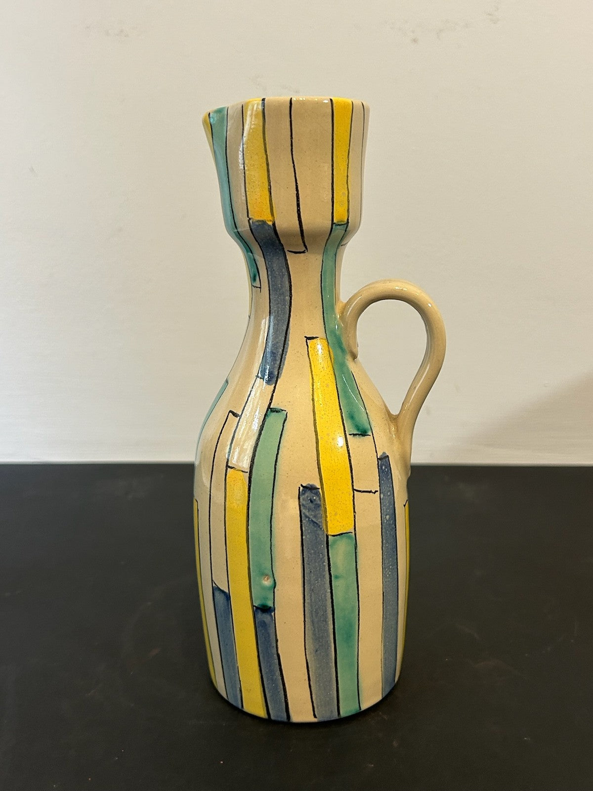 1960s Italian Pottery Jug Hand Painted Stripes Yellow Blue Green 21cm0