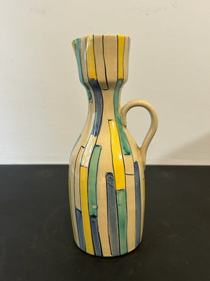 1960s Italian Pottery Jug Hand Painted Stripes Yellow Blue Green 21cm