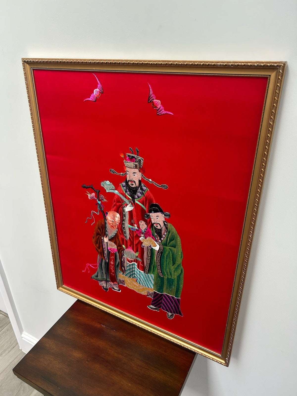Antique Chinese Embroidered Silk Picture Immortals Red Ground Framed 58x69cm2