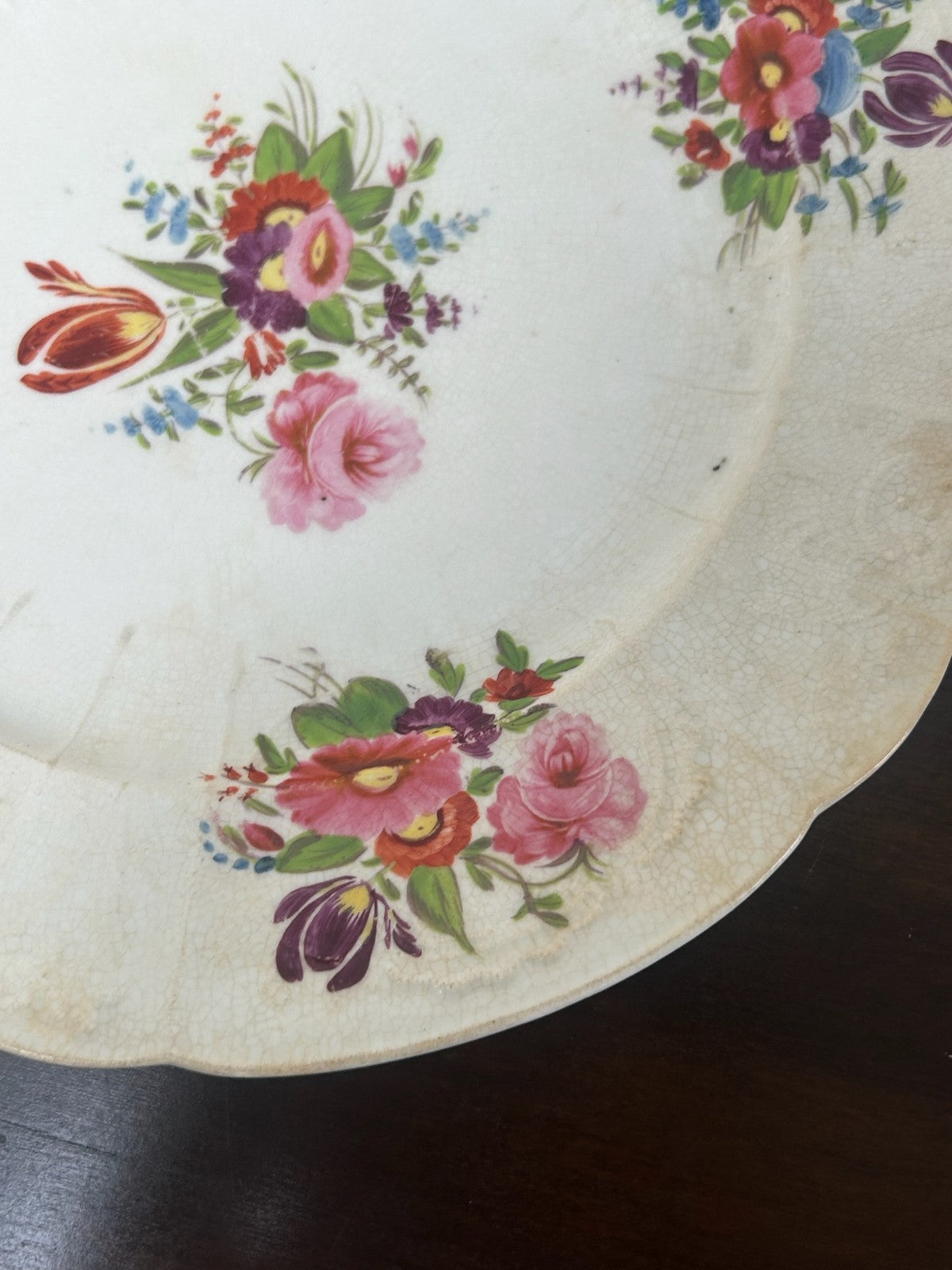 Antique Hand Painted Moulded Rim Dessert Plate Floral Bouquets Tulip4