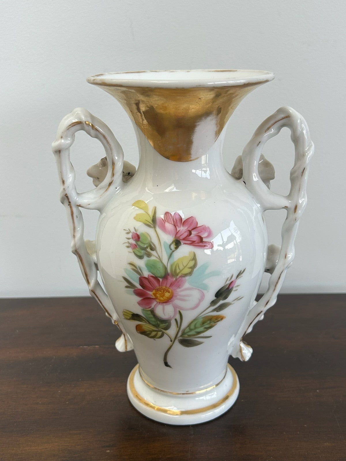 Old Paris Porcelain Twin Handled Vase Hand Painted Floral Gilt Handles6