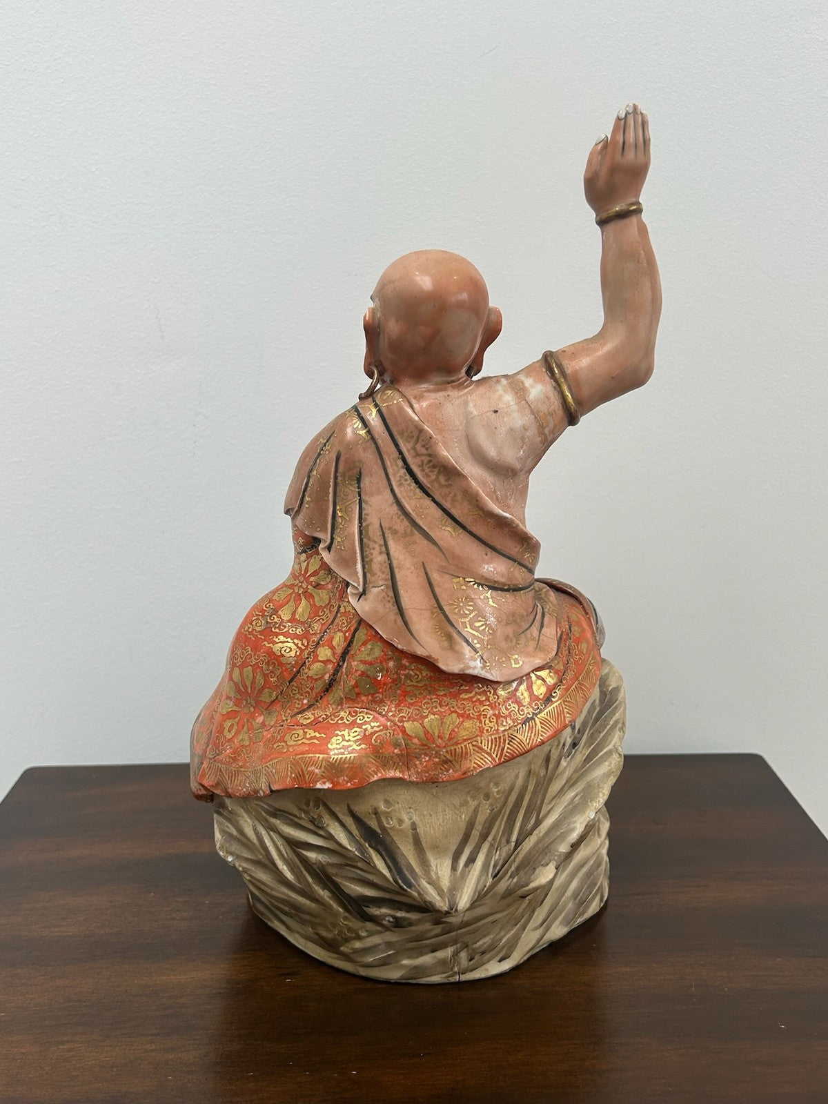 Antique Japanese Meiji Polychrome Pottery Figure of a Luohan / Monk & Vase11