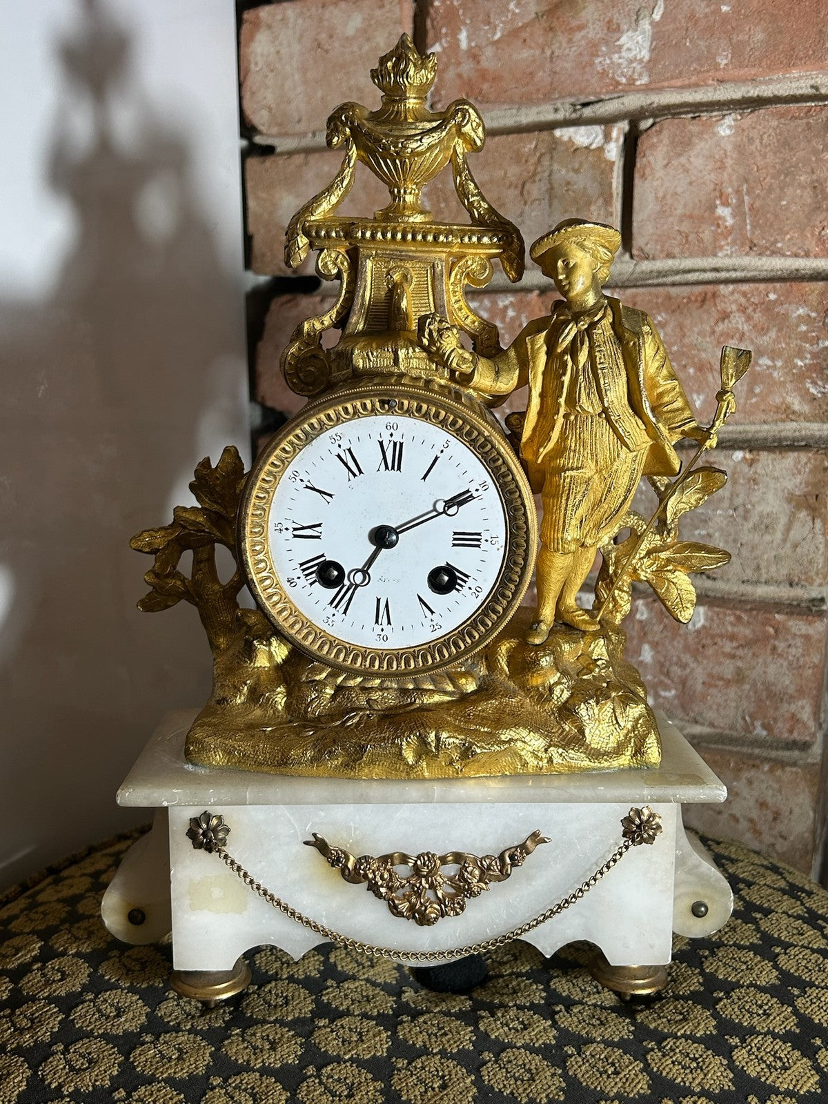 Antique French Gilt Metal Figural Mantel Clock White Marble Base Bell Strike0