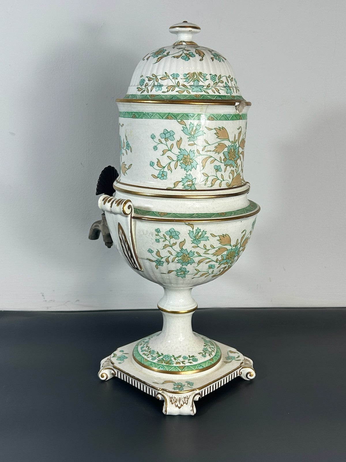 Antique Victorian Wedgwood Beanes Patent Tea Infuser Urn Green Floral Gilt 35cm4