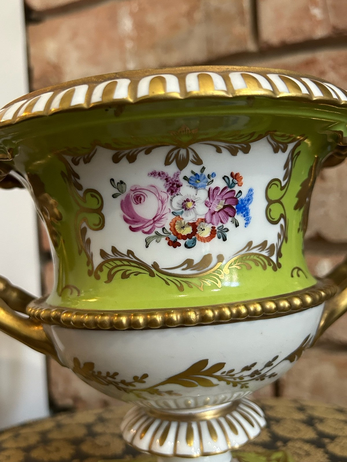 Dresden Porcelain Twin Handled Campana Urn Green Gilt Floral Reserves Plinth4