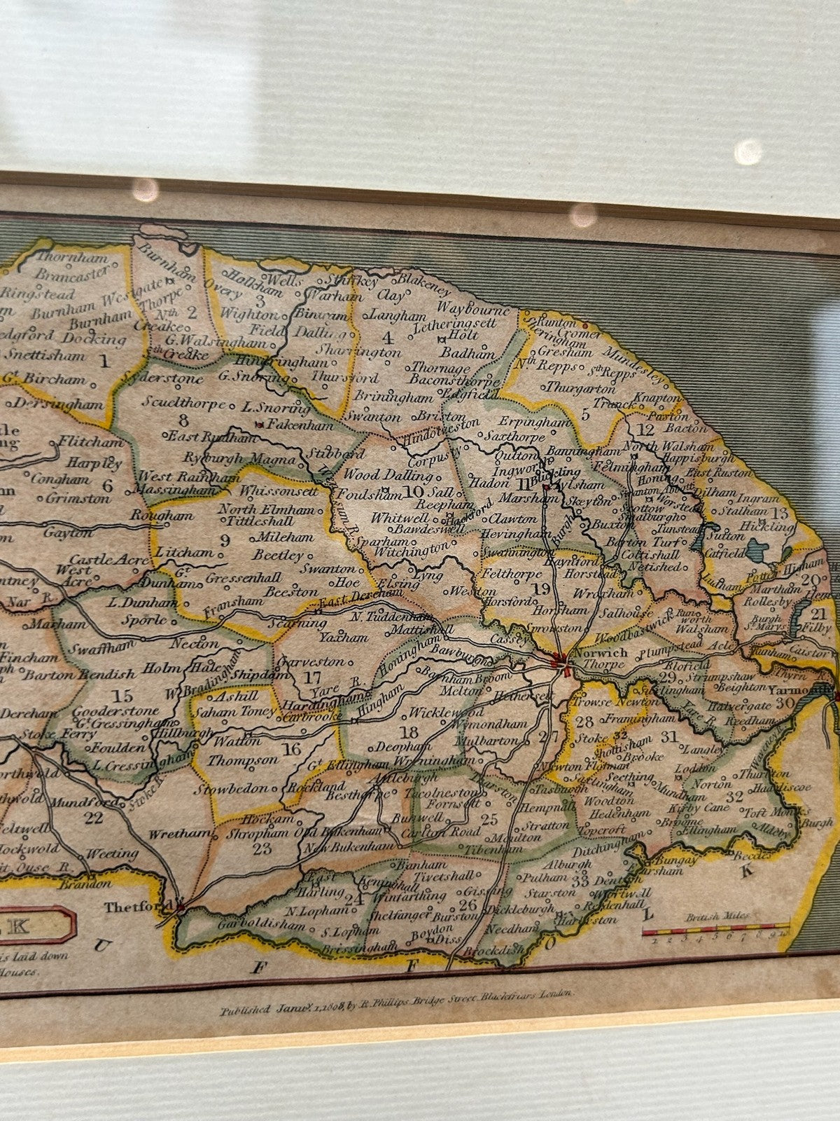Antique Map of Norfolk Joshua Archer c1845 Hand Coloured Framed1