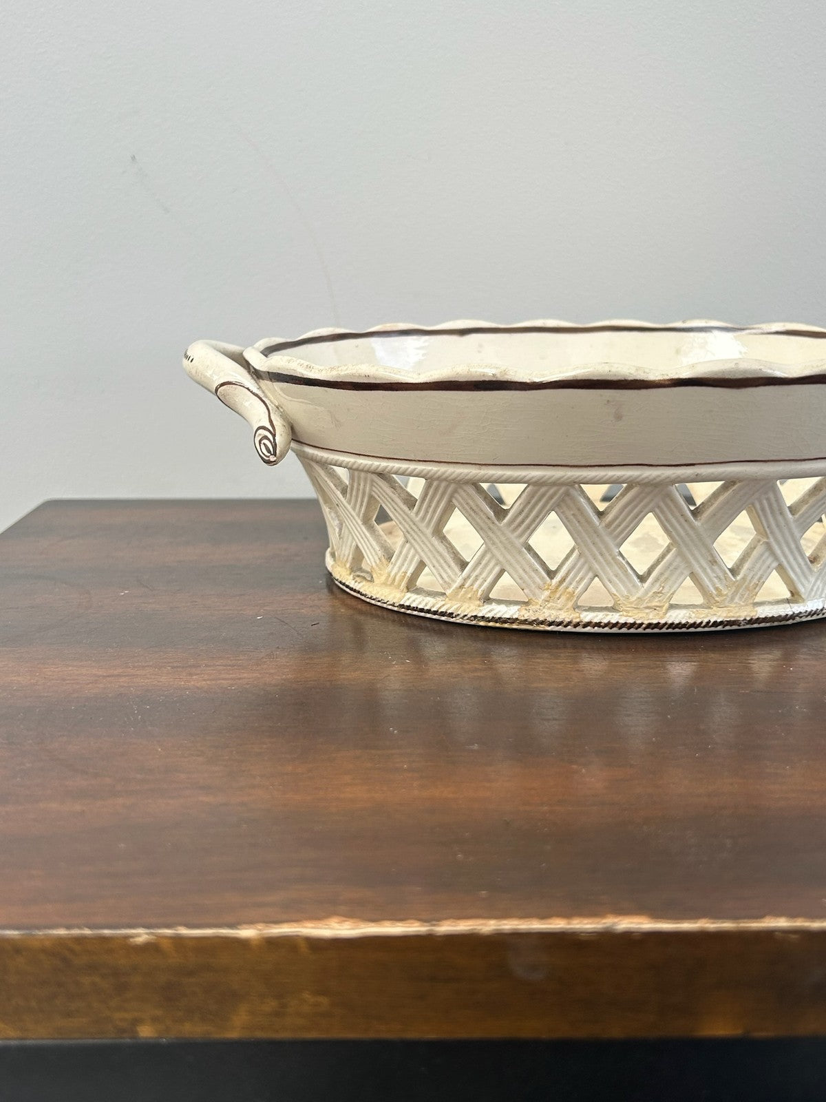 Antique Creamware Twin Handled Pierced Oval Basket A/F5
