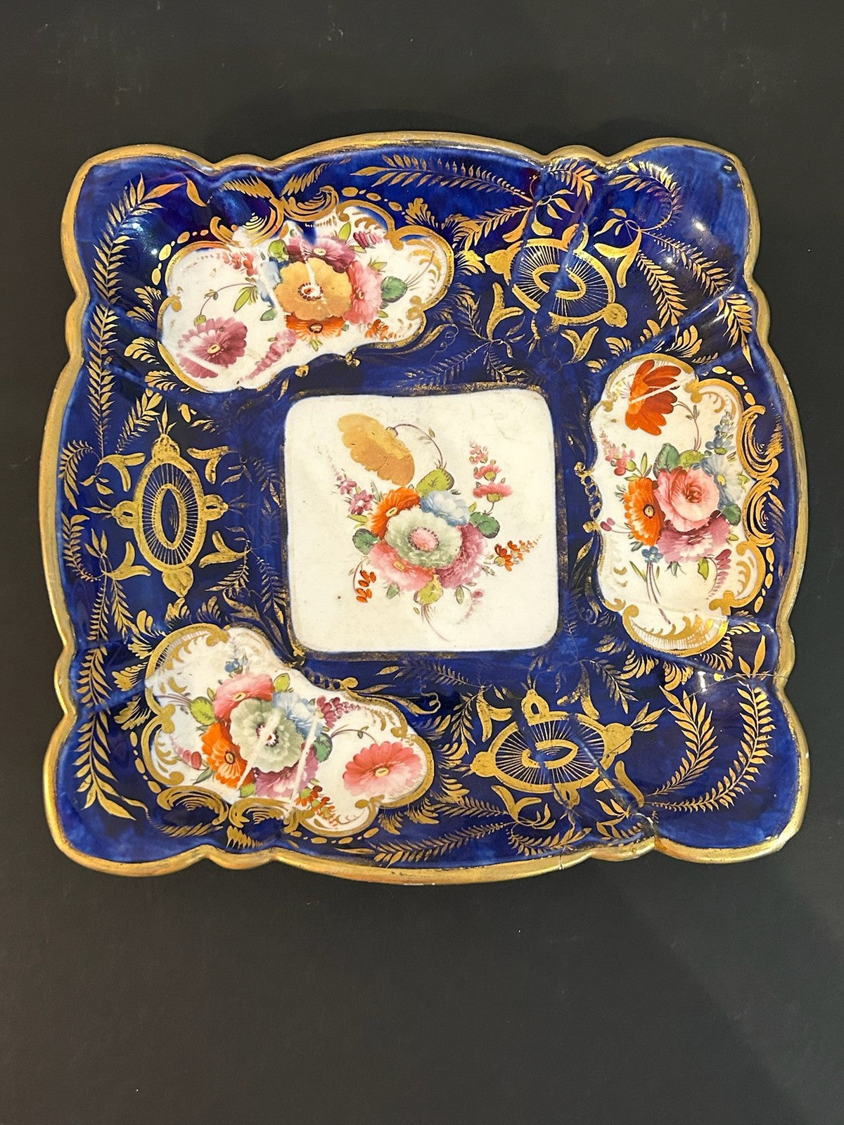 Antique English Porcelain Square Dish Cobalt Gilt Hand Painted Flowers A/F0