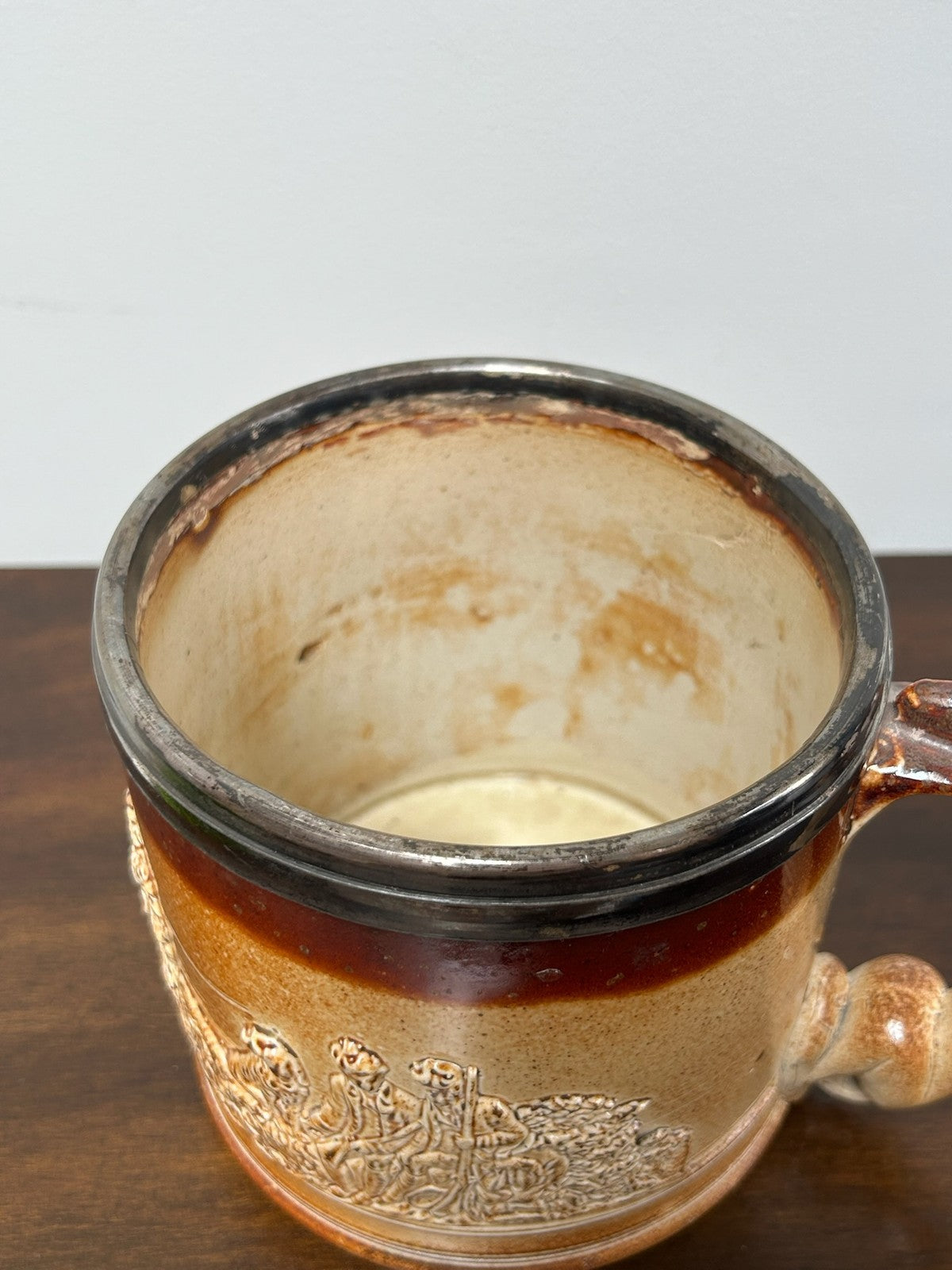 Antique Salt Glaze Stoneware Tankard Hunting Scene 19thC Brown Relief4
