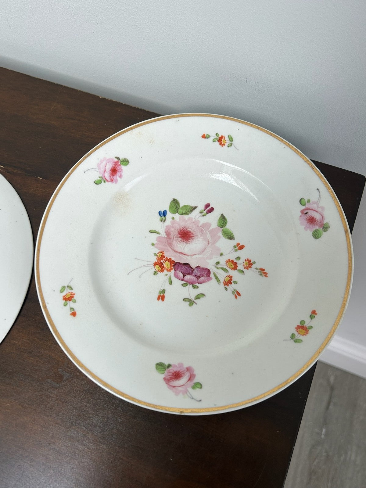 Pair Antique Derby Porcelain Dessert Plates Pink Roses Red Crown Mark c.18107