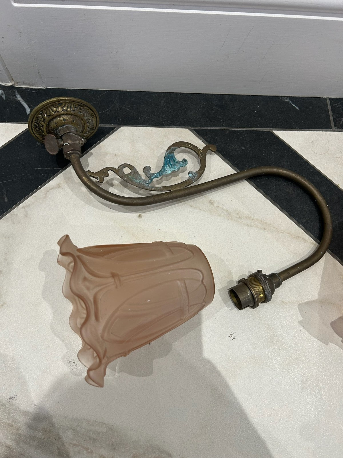 Pair Brass Wall Lights c.1900 Satin Pink Art Nouveau Frosted Glass Shades6