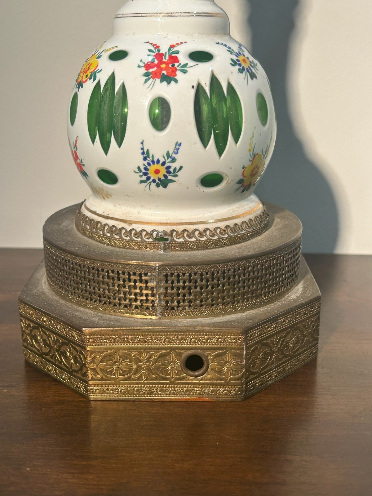 Antique Bohemian Overlay Glass Oil Lamp White Cut Green Hand Enamelled Brass5