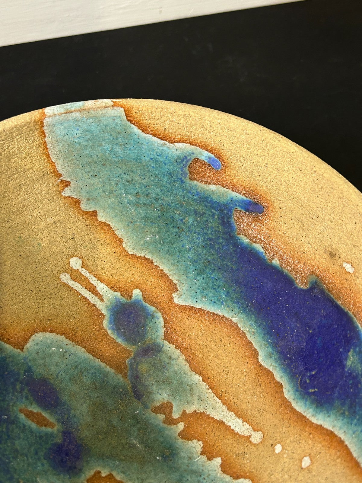 Studio Pottery Stoneware Bowl Blue Turquoise Amber Glaze Splashes 18cm3
