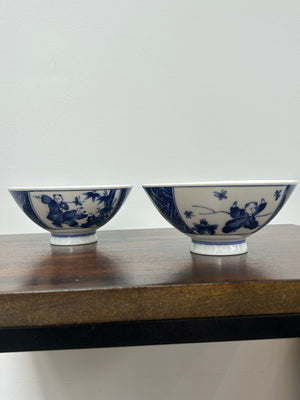Pair Antique Chinese Blue & White Porcelain Bowls Marks