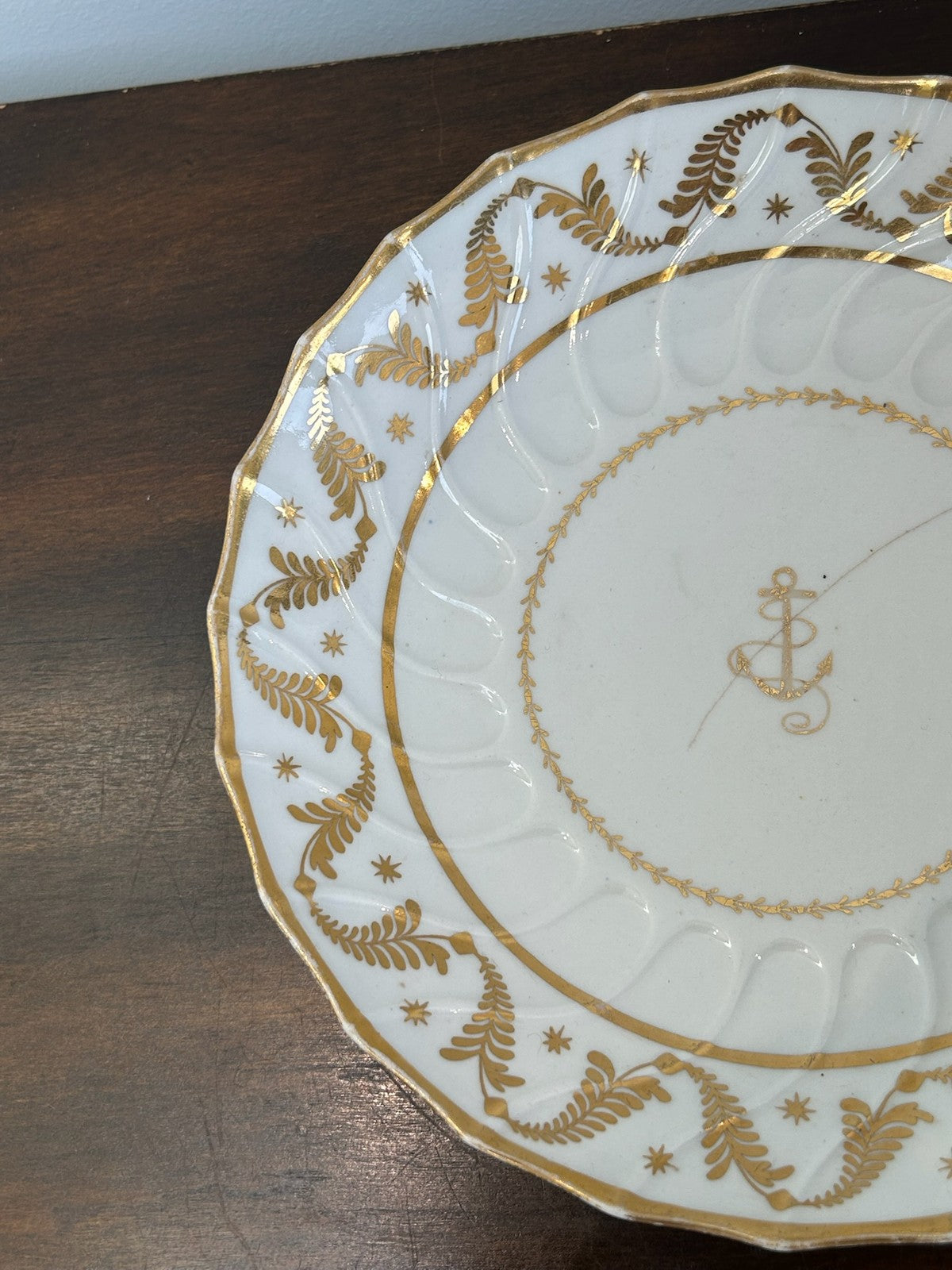 Antique Porcelain Dessert Plate Gilt Moulded Border Gilt Anchor Crest A/F2