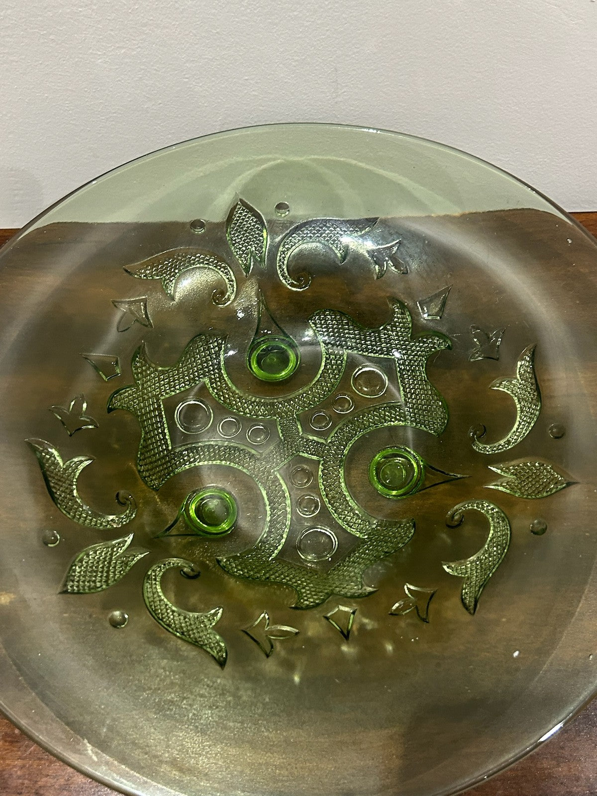 Green Pressed Glass Plate Moulded Dragon Scroll Relief3