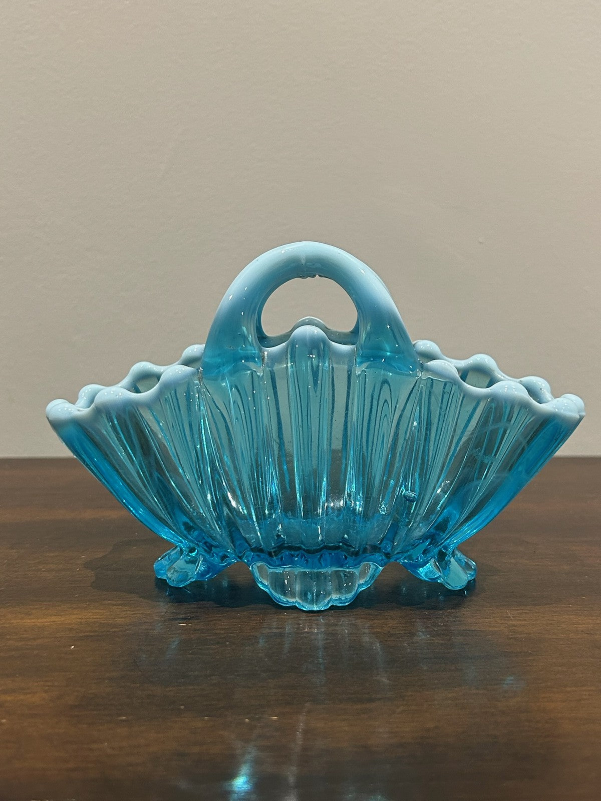 Pair Victorian Blue Pearline Opalescent Glass Basket Vases1