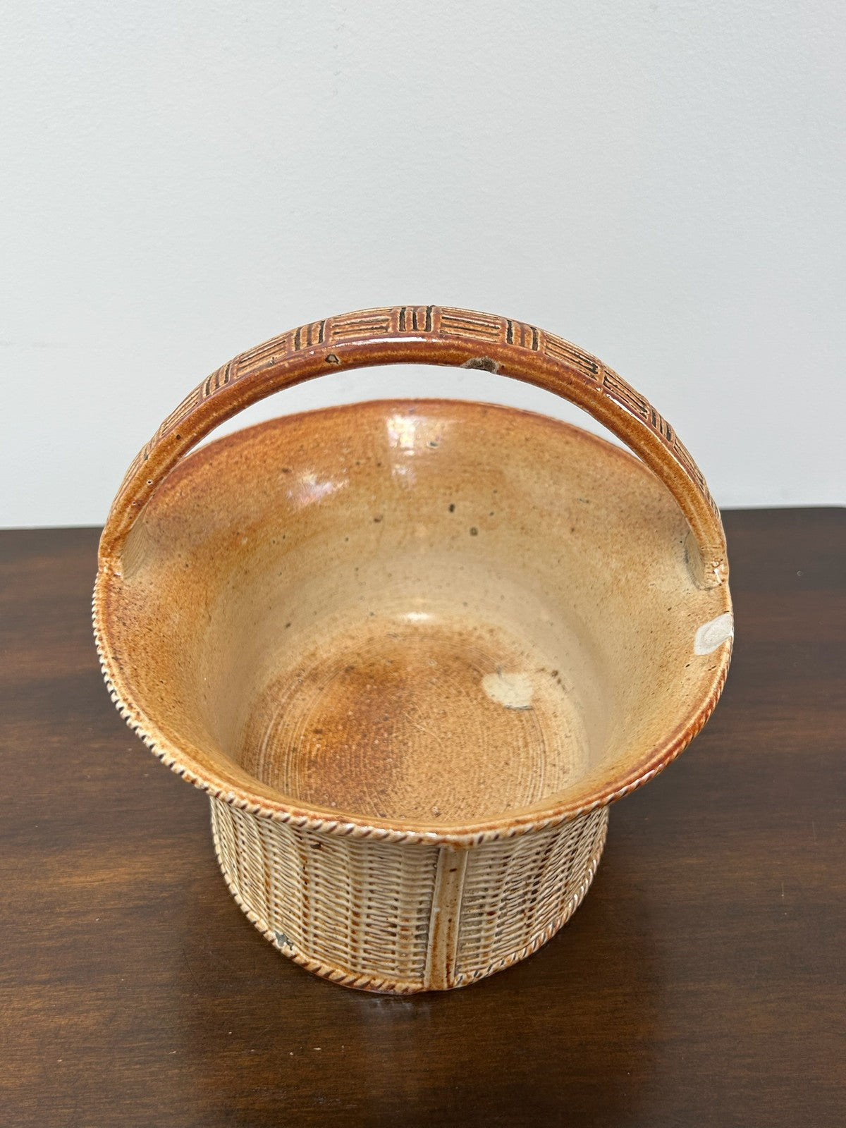 Antique Stoneware Basket Sugar Bowl Reeded Loop Handle Georgian 19thC1