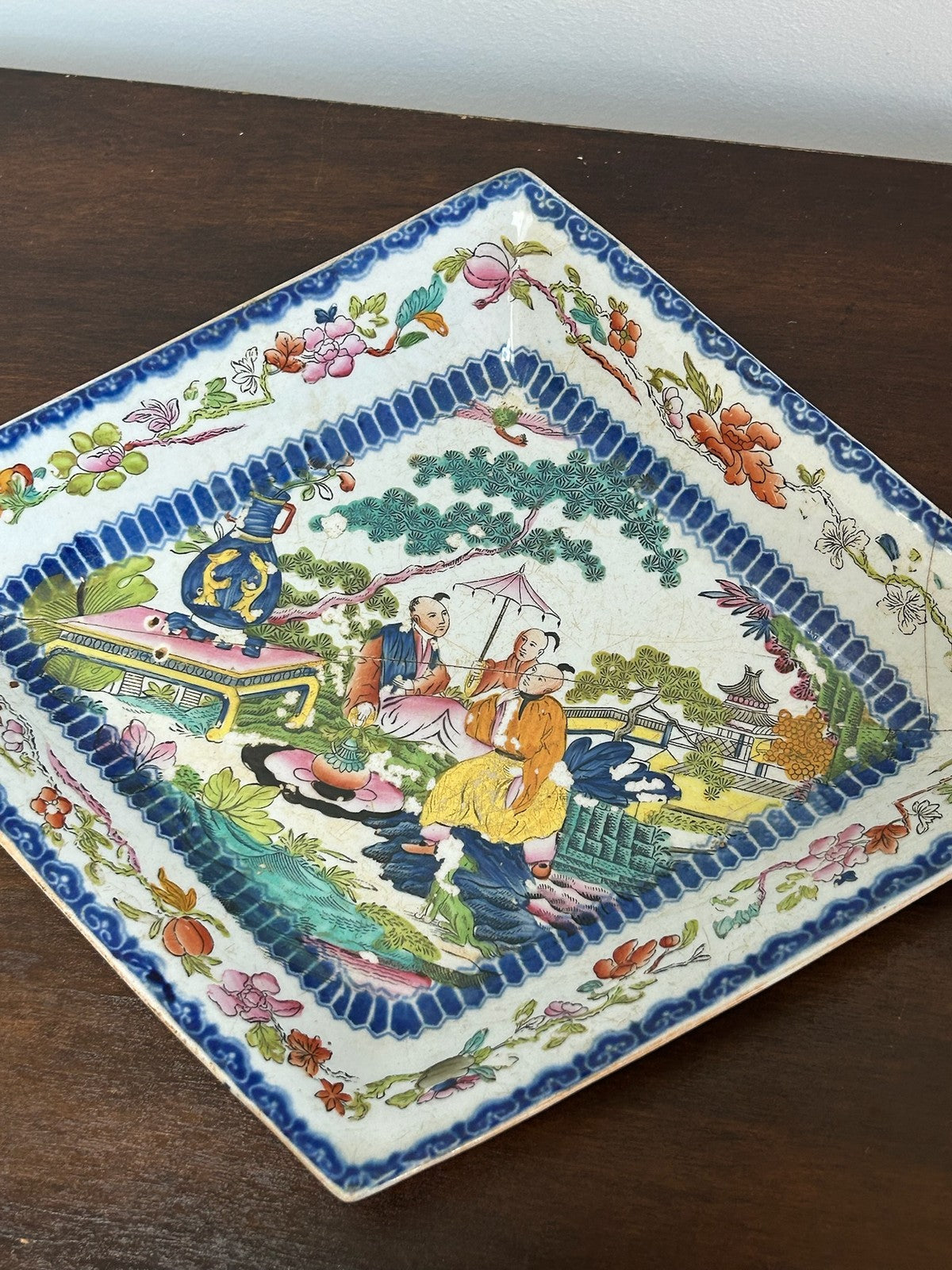 Antique Masons Style Ironstone Dish Chinoiserie Pagoda Blue Polychrome 19thC2