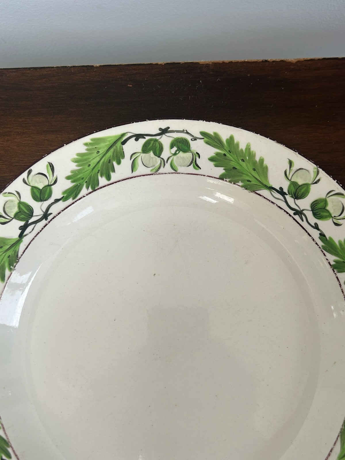 Antique Davenport Creamware Plate Hand Painted Green Vine Leaf Border Impressed3
