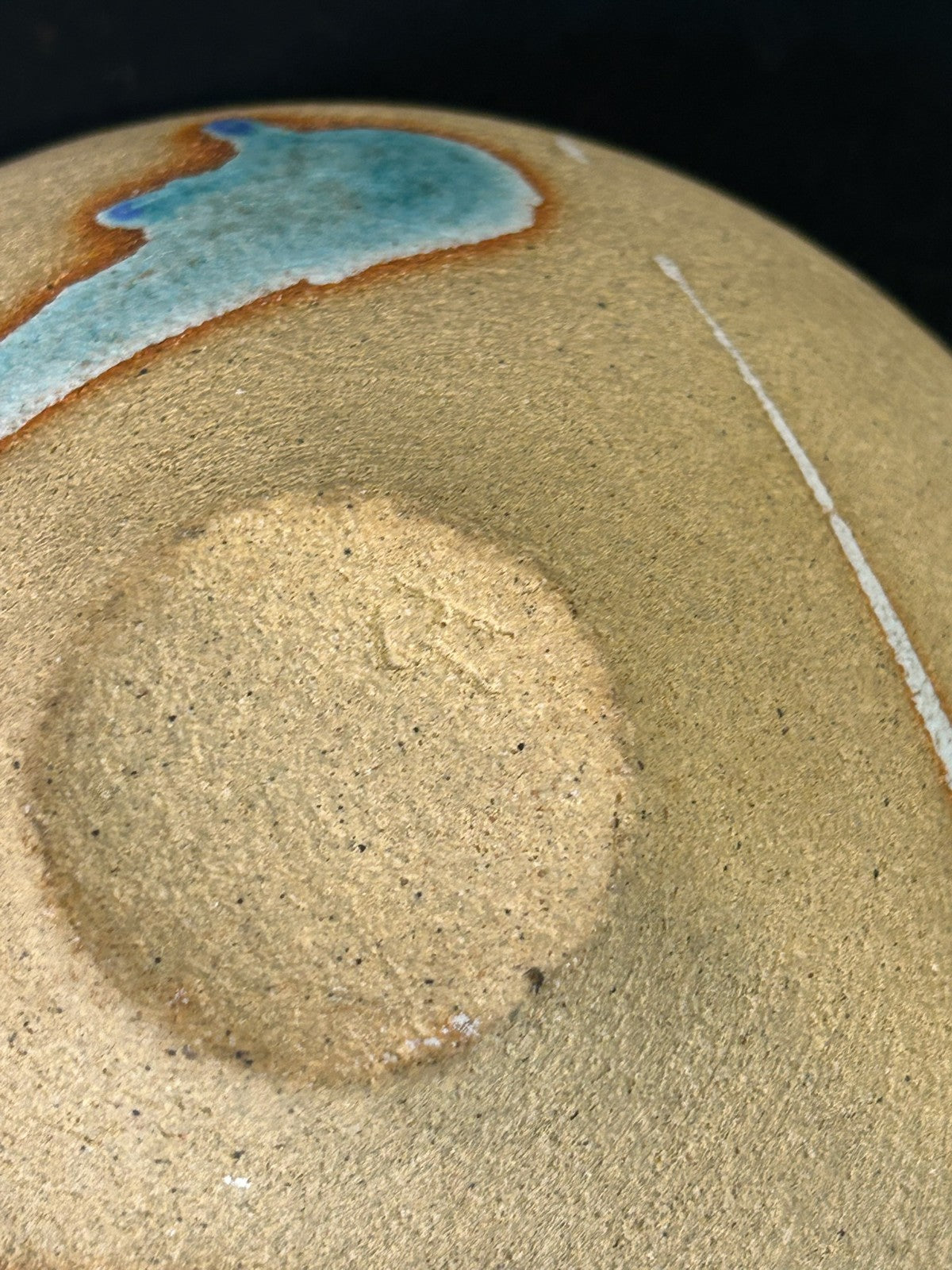 Studio Pottery Stoneware Bowl Blue Turquoise Amber Glaze Splashes 18cm7