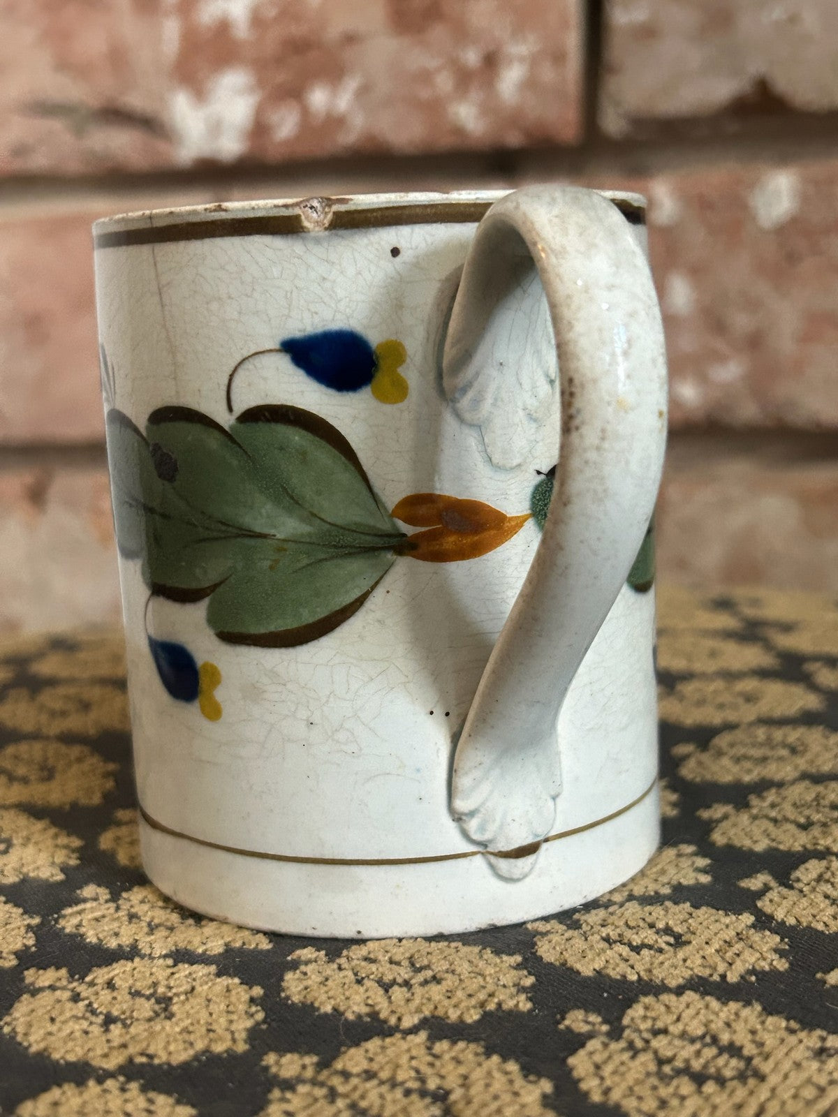 Antique English Pearlware Mug Hand Painted Green Leaves Blue Flowers Pattern No11