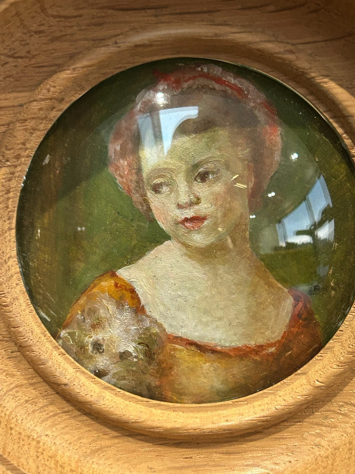 Antique Oil Miniature Portrait Young Girl Treen Wood Frame Convex Glass Signed1
