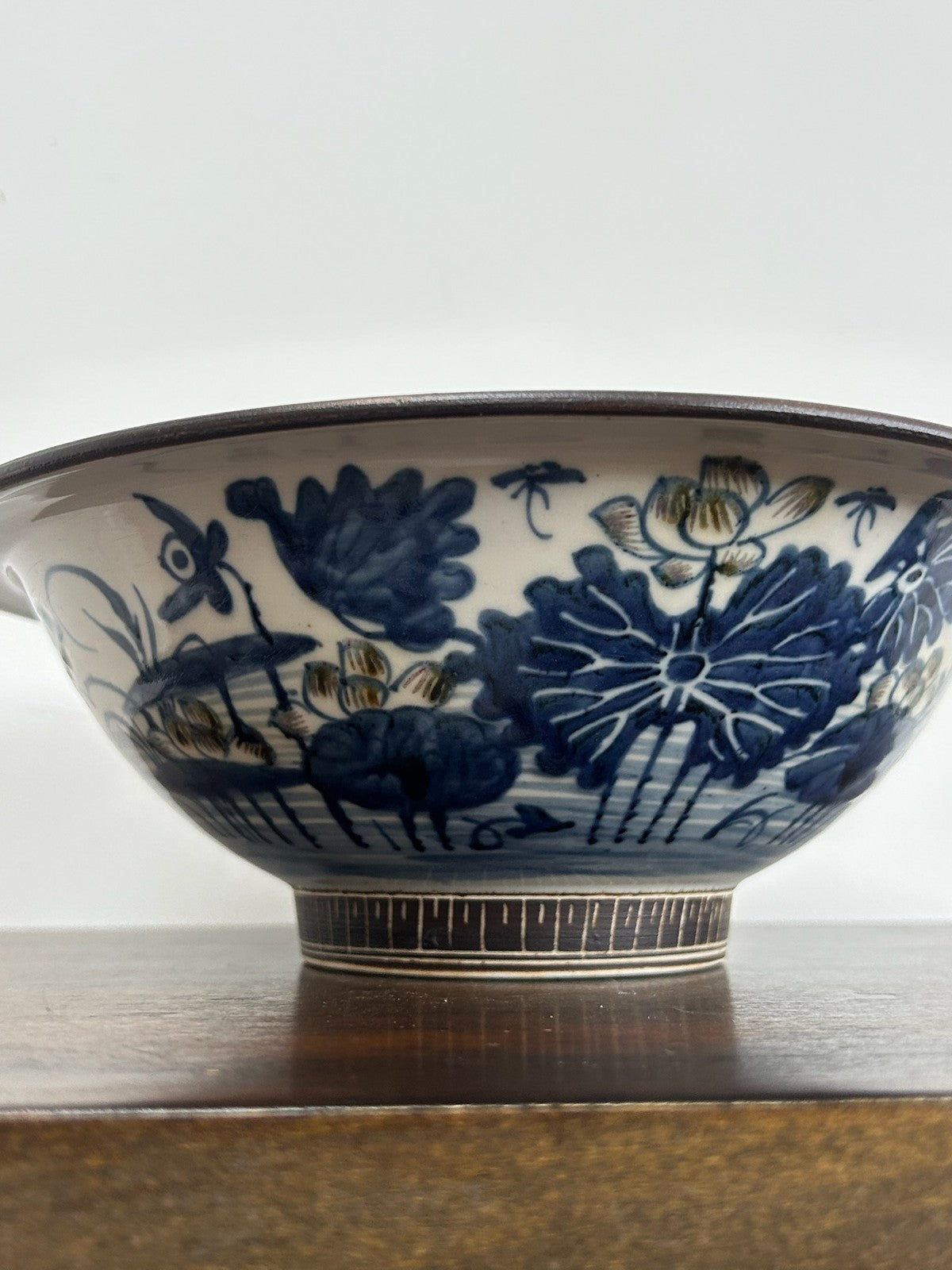 Antique Chinese Bleu de Hue Lotus Pond Bowl Metal Rim Vietnamese Market 26cm7