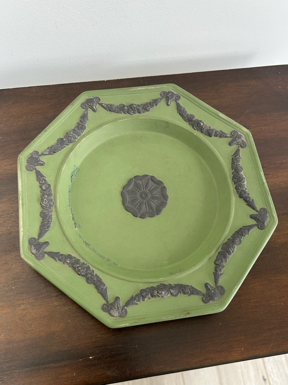 Antique Green Jasperware Octagonal Plate White Relief Swags 19th C 23cm1
