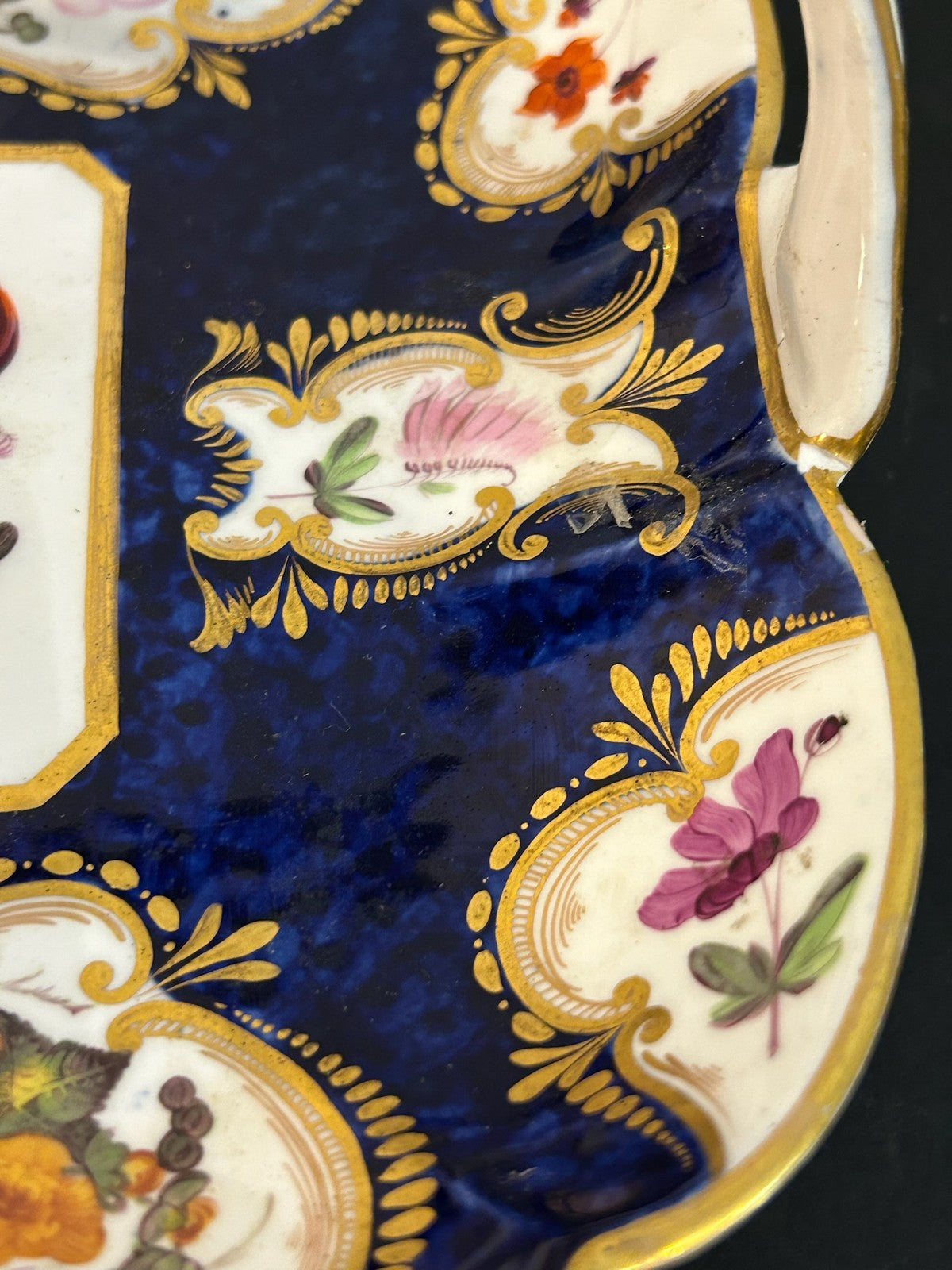Antique English Porcelain Basket Cobalt Gilt Painted Flowers Handle A/F6
