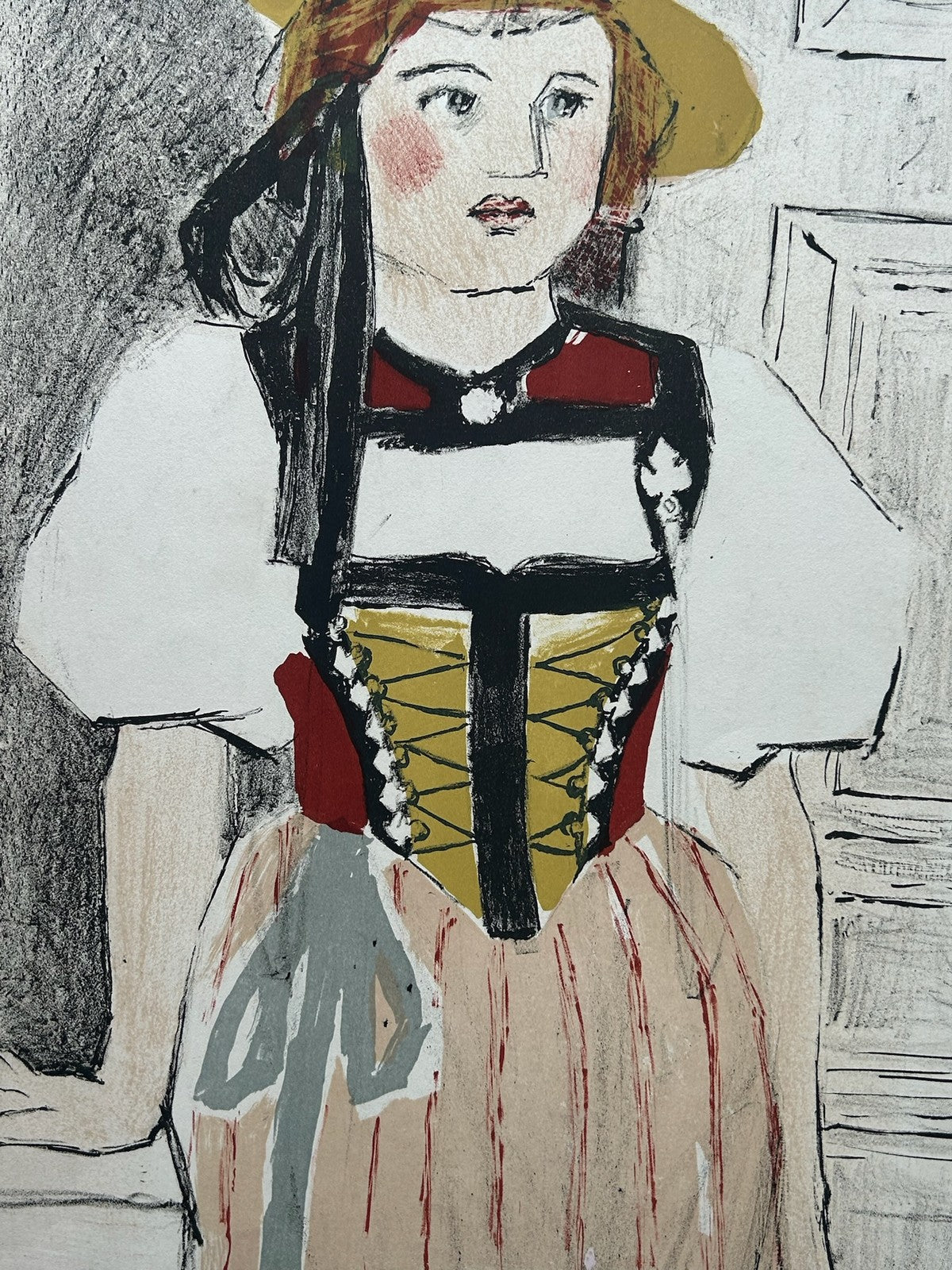 Colour Lithograph Swiss Girl in Traditional Costume Signed Numbered 15/2002