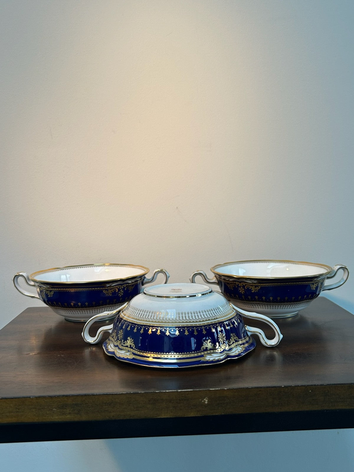 Spode Lancaster R8950 Cobalt Blue Gilt Bone China Cream Soup Bowls Set of Three0