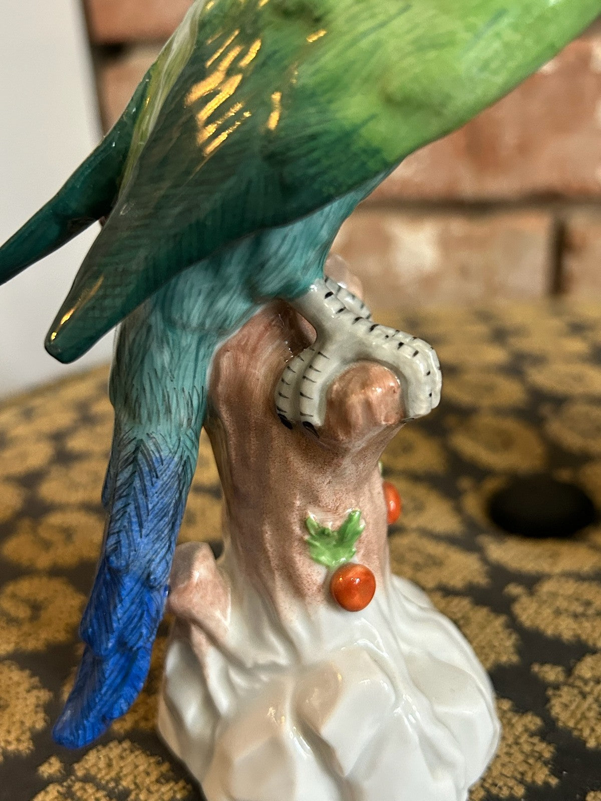 Pair Dresden Porcelain Green Parrot Figures Perched on Tree Stumps Blue Mark9