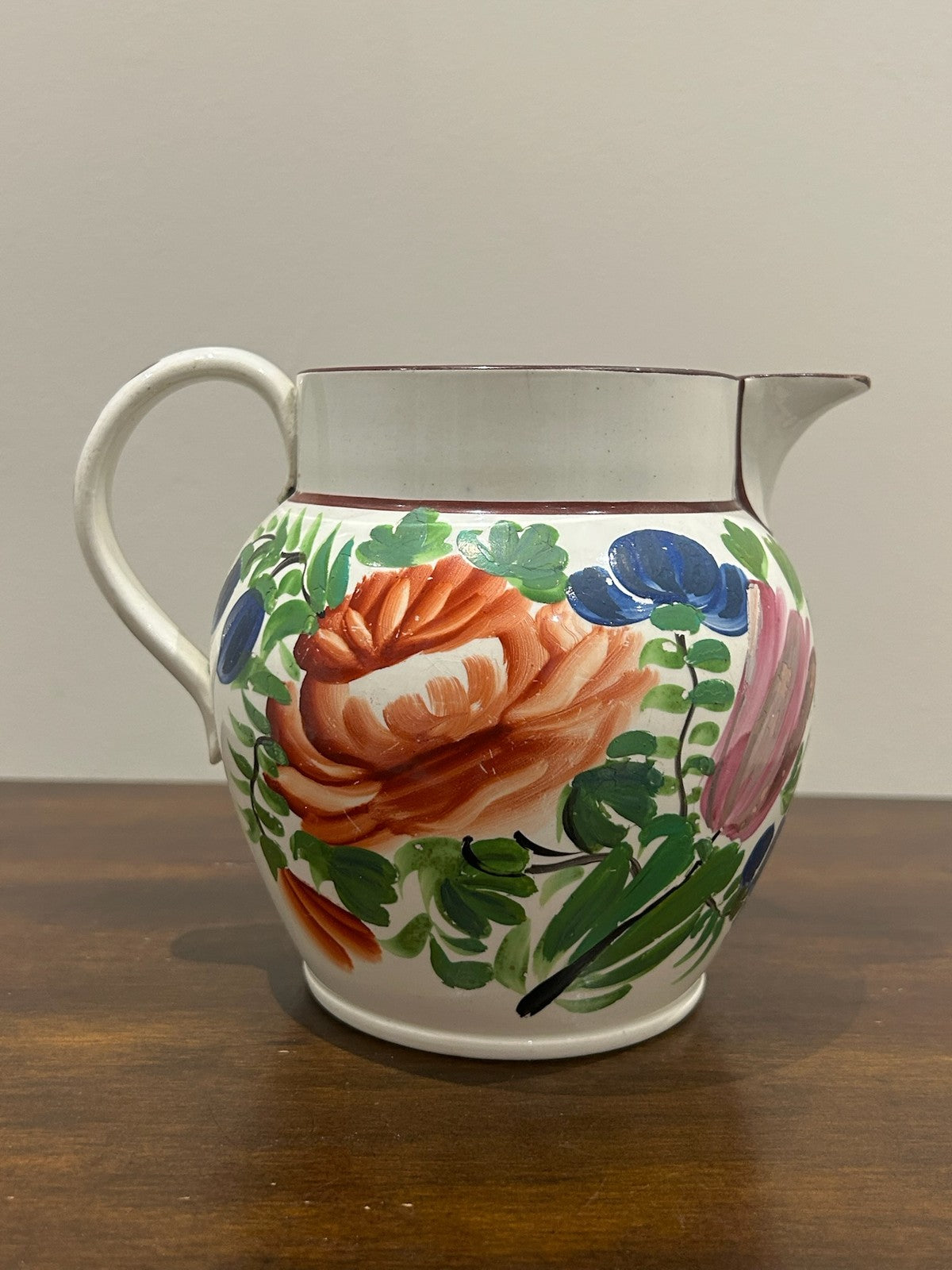 Georgian Pearlware Jug Hand Painted Enamel Orange Roses c.18200