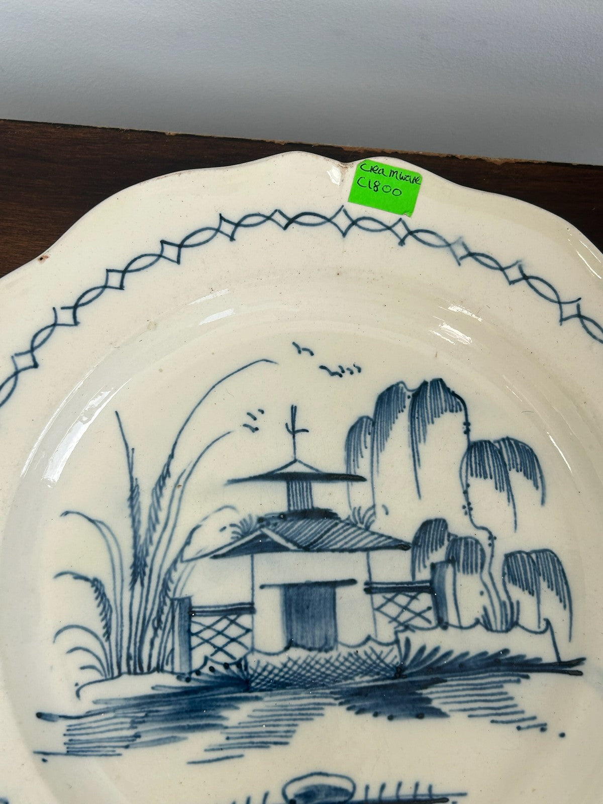 Antique Pearlware Plate Hand Painted Blue Chinoiserie Pagoda Willow Shaped Rim6