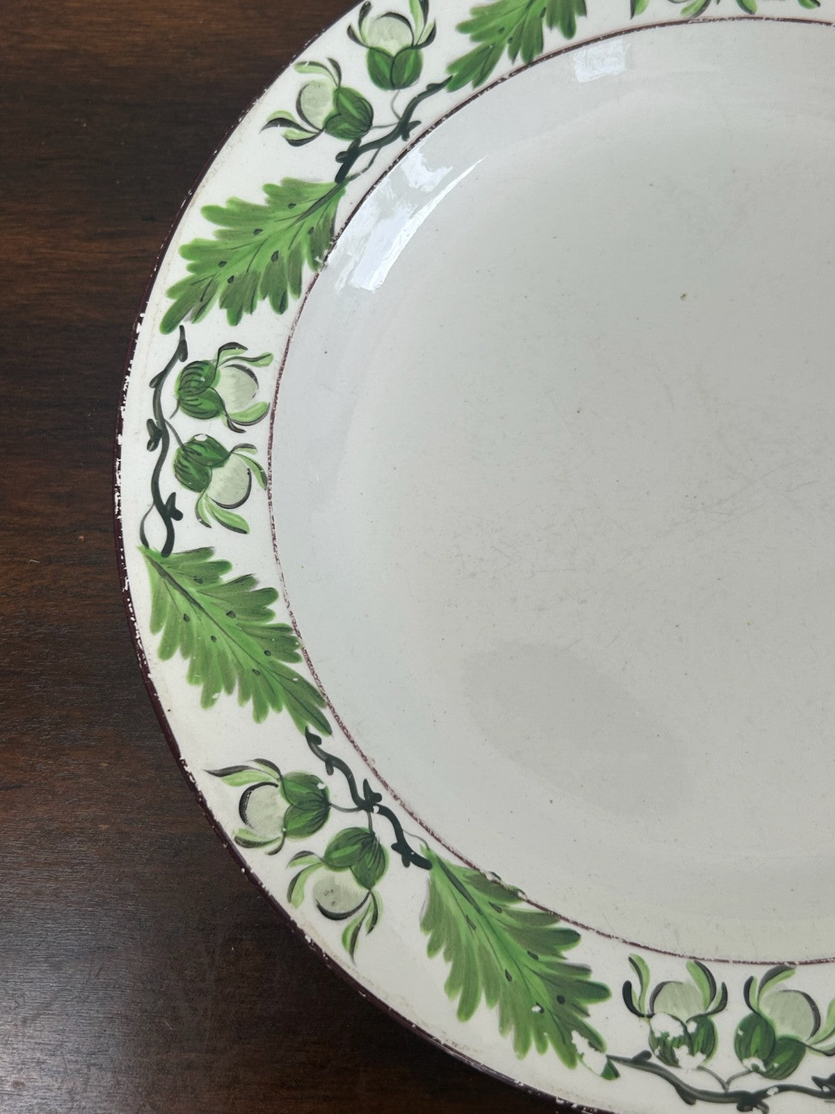Antique Davenport Creamware Plate Hand Painted Green Vine Leaf Border Impressed1