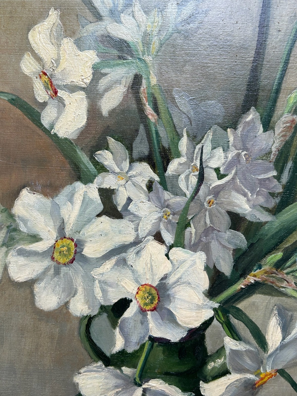 Oil on Canvas Still Life Narcissi & White Tulip Unstretched Monogram B1