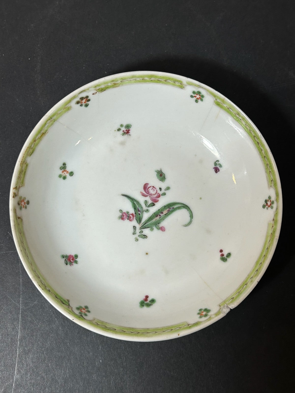 Antique Porcelain Saucer Green Border Puce Flower Sprigs 13cm A/F0