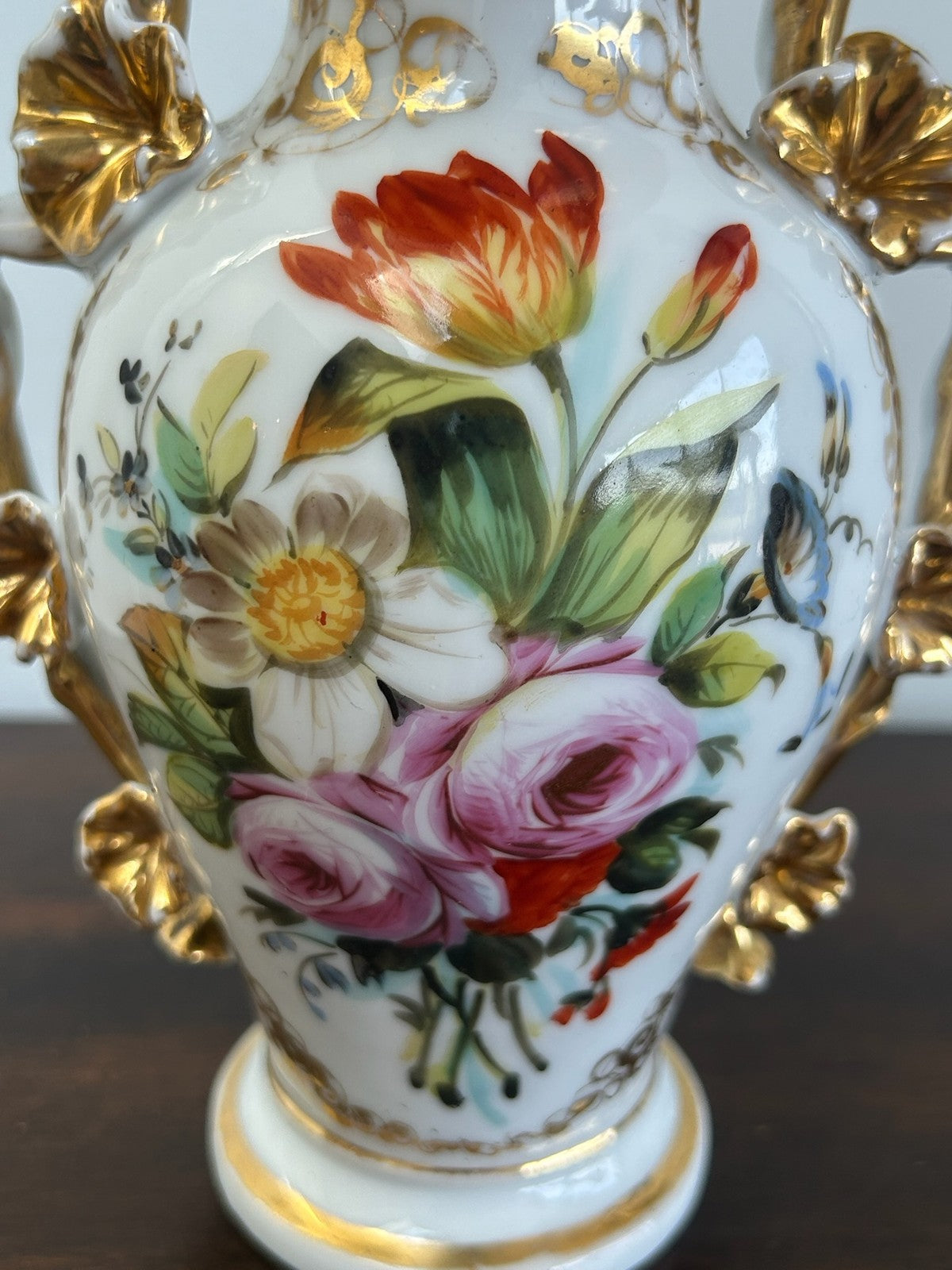 Old Paris Porcelain Twin Handled Vase Hand Painted Floral Gilt Handles4