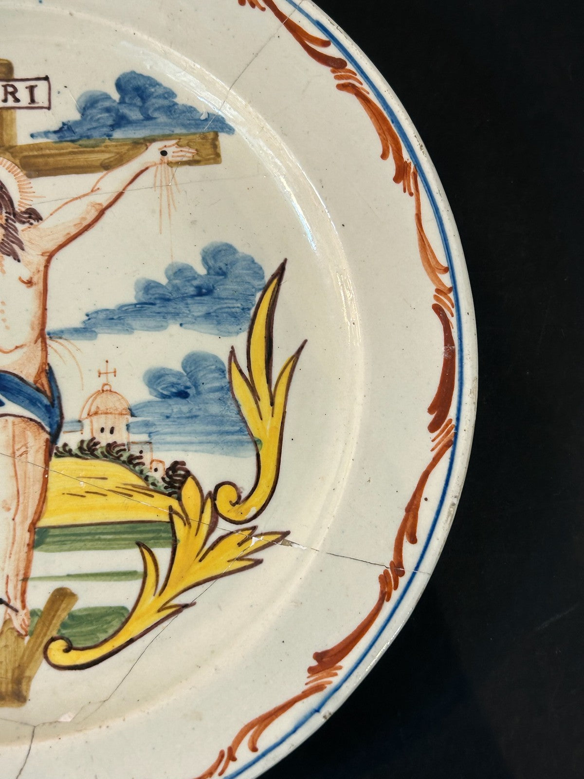 Antique Faience Tin Glazed Plate Hand Painted Crucifixion INRI Restored 22cm3