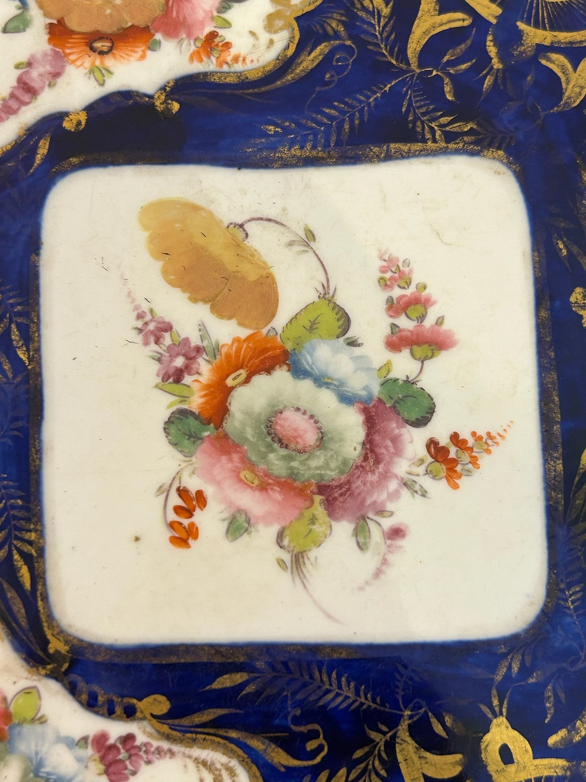 Antique English Porcelain Square Dish Cobalt Gilt Hand Painted Flowers A/F3