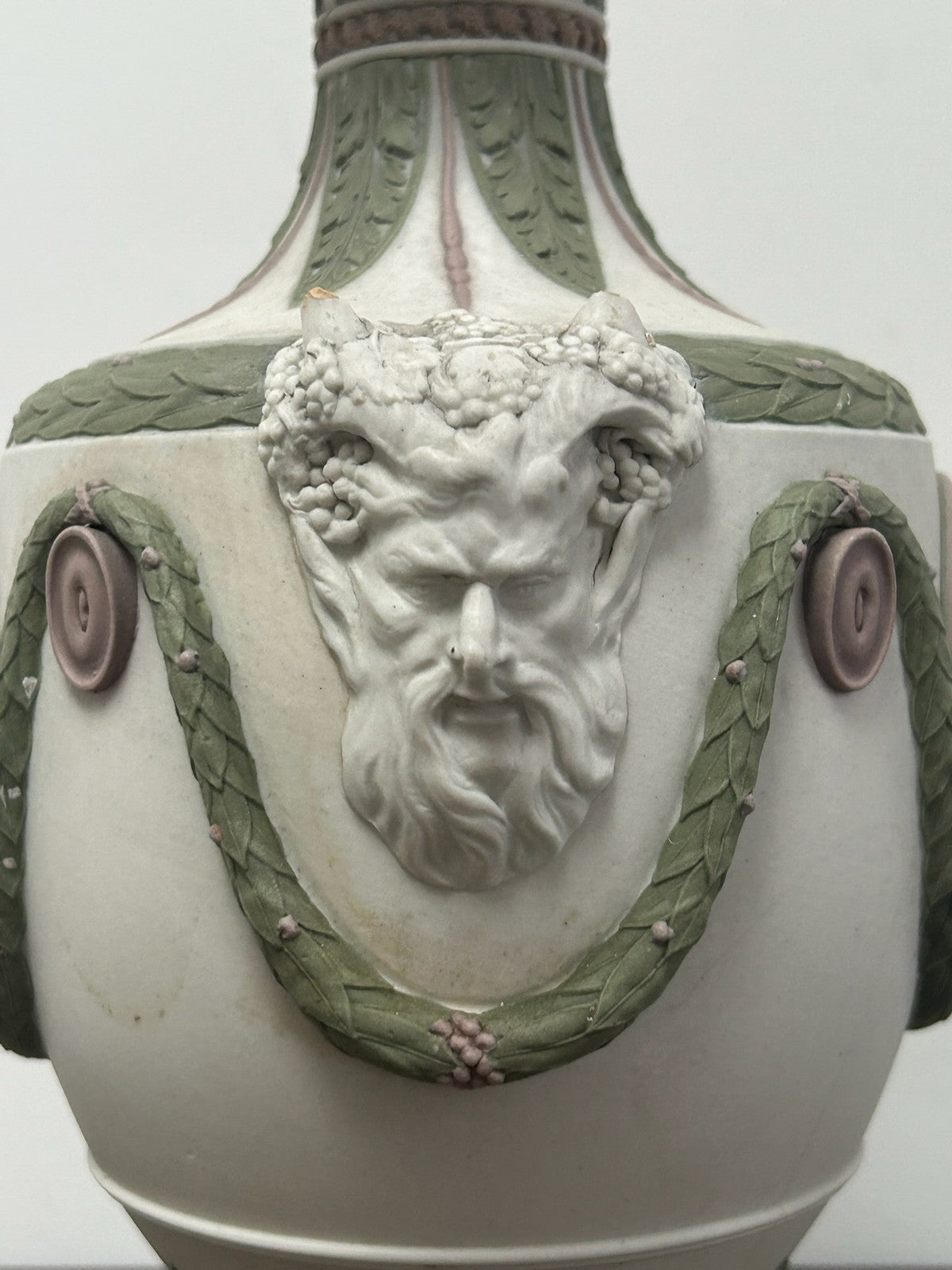 Wedgwood Tricolour Jasper Vase Satyr Masks Green Lilac White 19th Century8