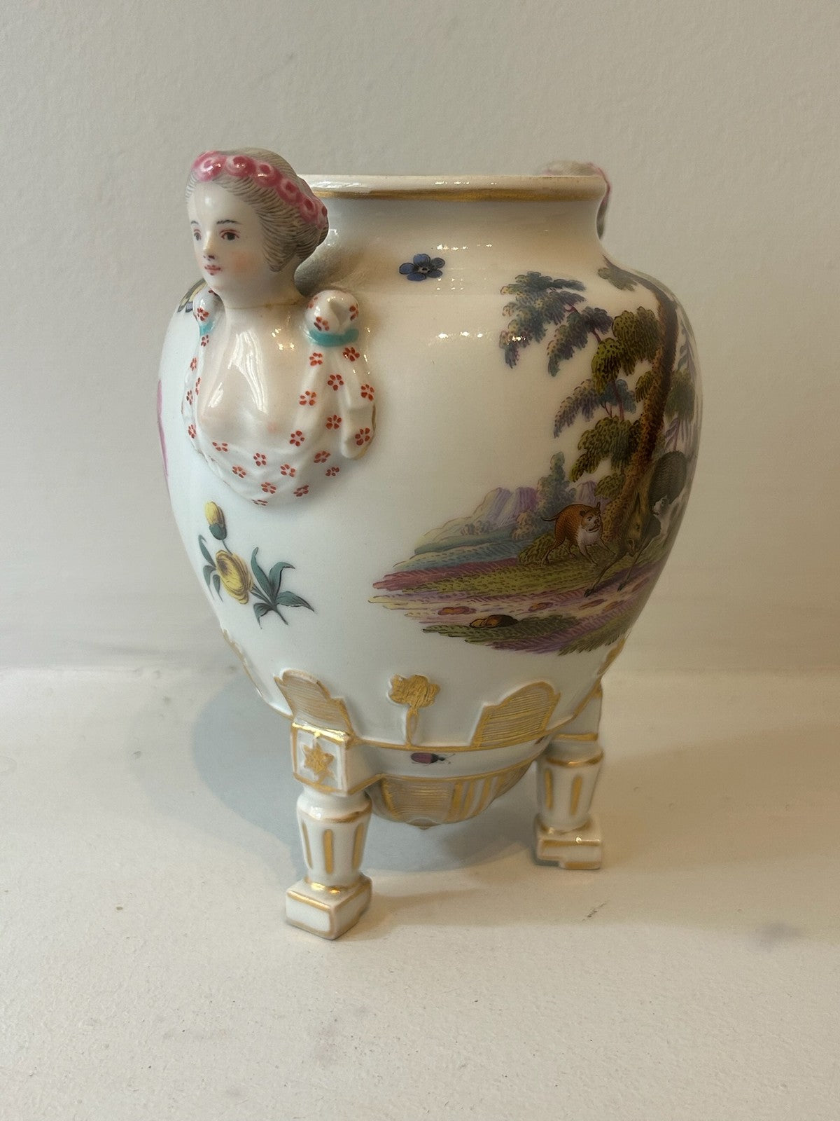 Antique Continental Dresden Style Porcelain Caryatid Vase Hand Painted 13.5cm3