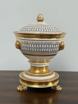 Antique Paris Porcelain Schoelcher Empire Covered Urn Lion Masks Paw Feet Gilt