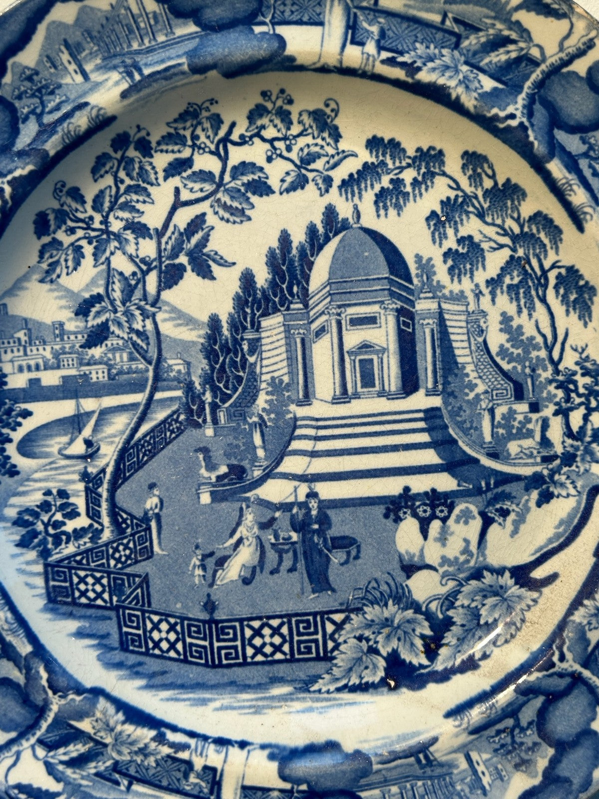 Antique Staffordshire Blue White Plate Classical Temple c1820 Transferware1