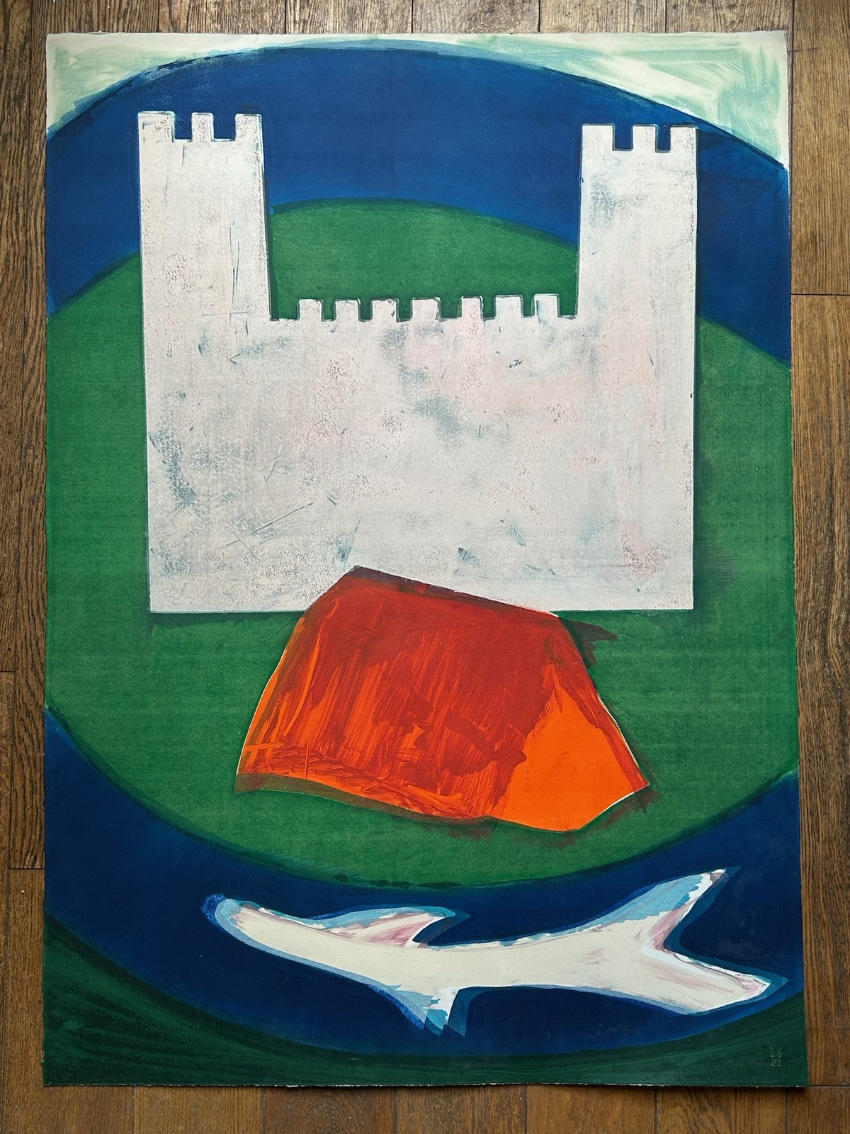 John Newling Signed Mixed Media on Paper Castle & Fish Blindstamp 108cm0