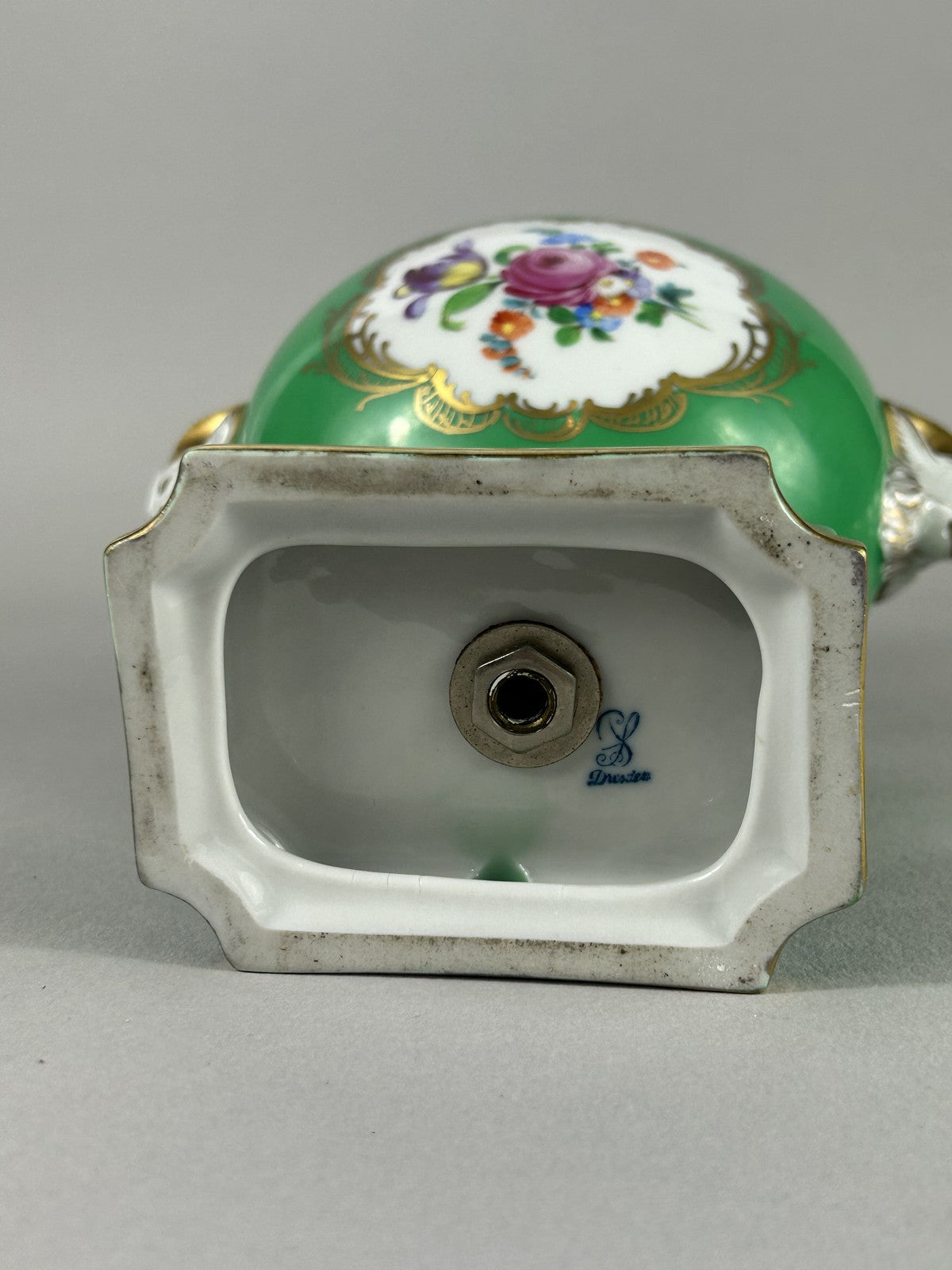 Dresden green porcelain ram’s head lamp base vase with finial