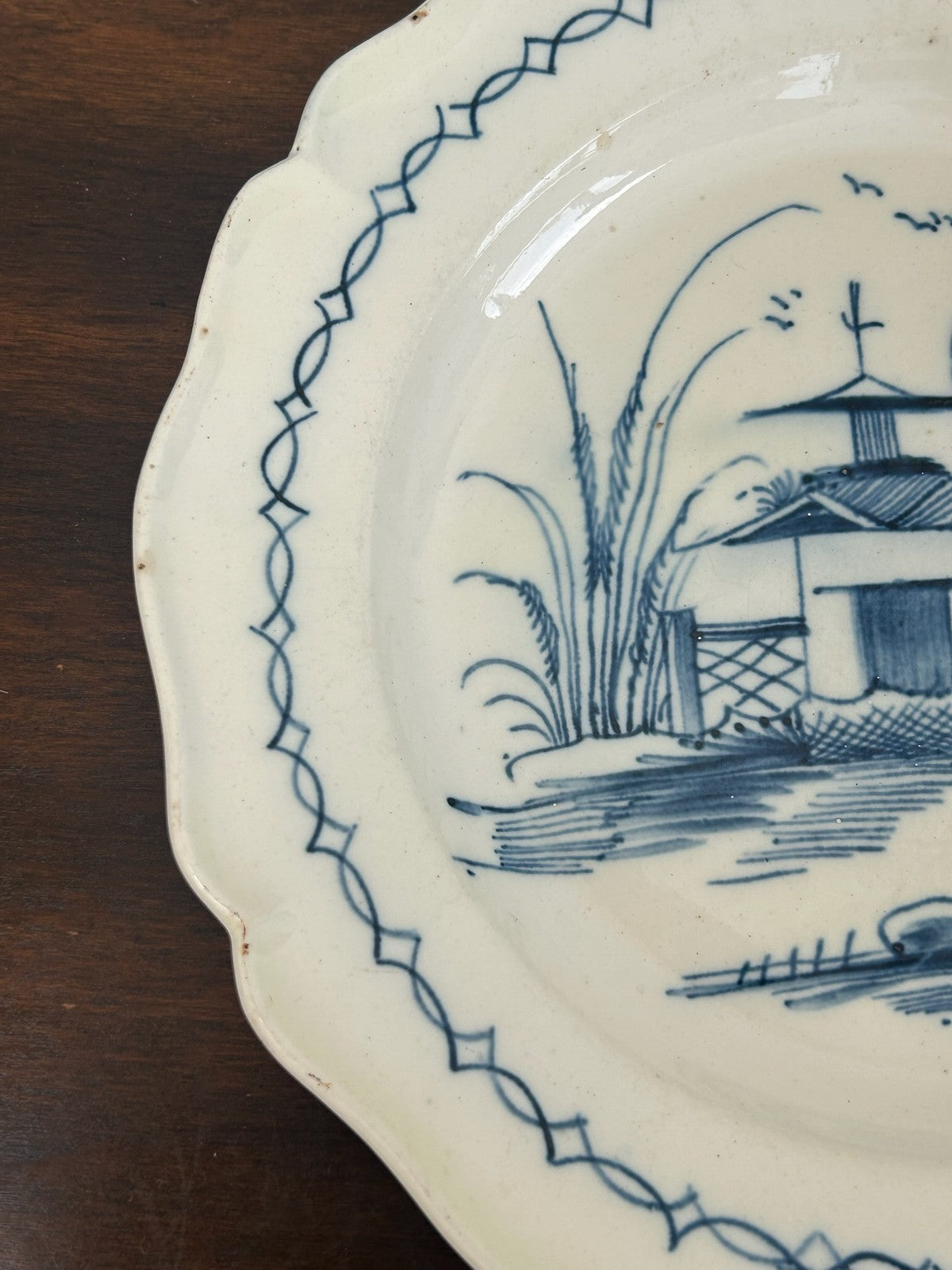 Antique Pearlware Plate Hand Painted Blue Chinoiserie Pagoda Willow Shaped Rim2